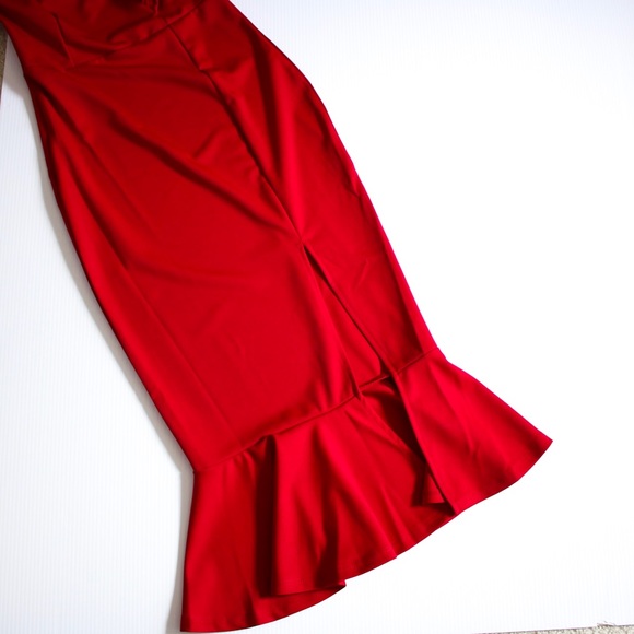 Red One Shoulder Ruffle Bodycon Midi Dress - Picture 7 of 8